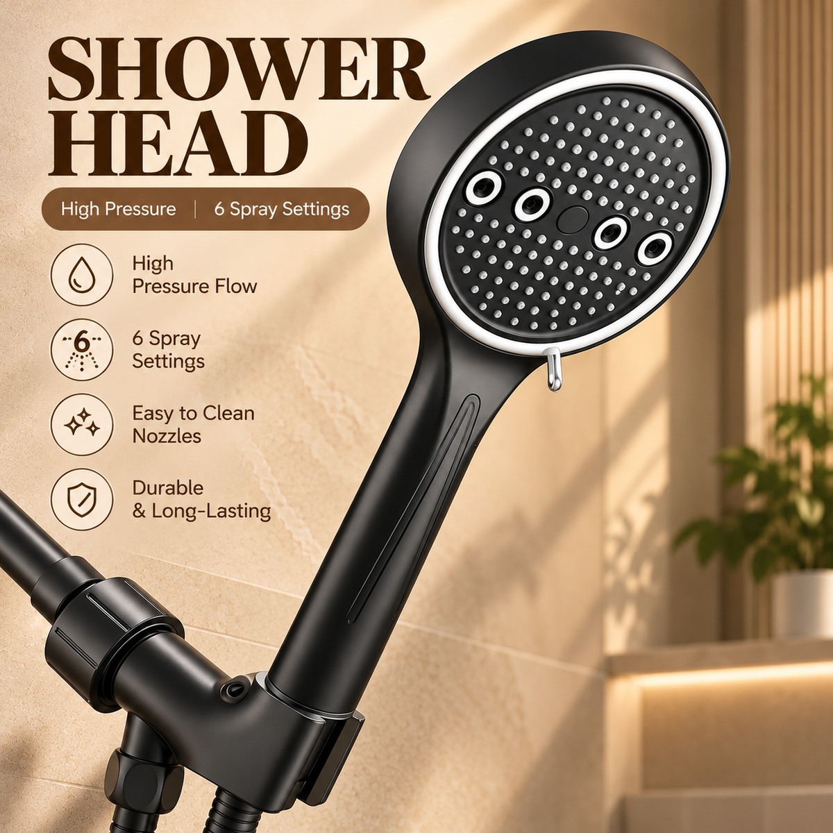 Rainvale High-Pressure Shower Head – 6 Spray Modes