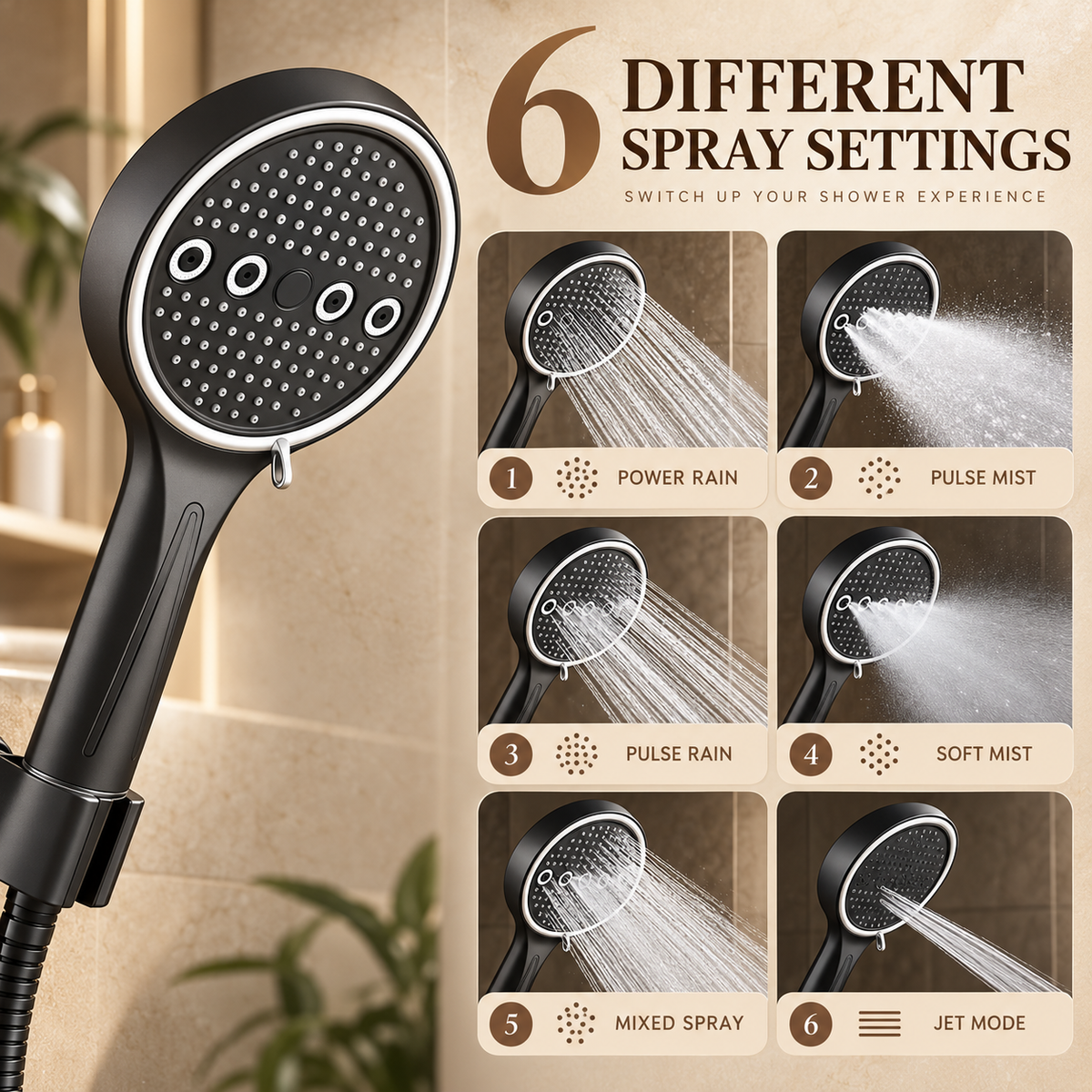 One shower head. Six ways to shower.